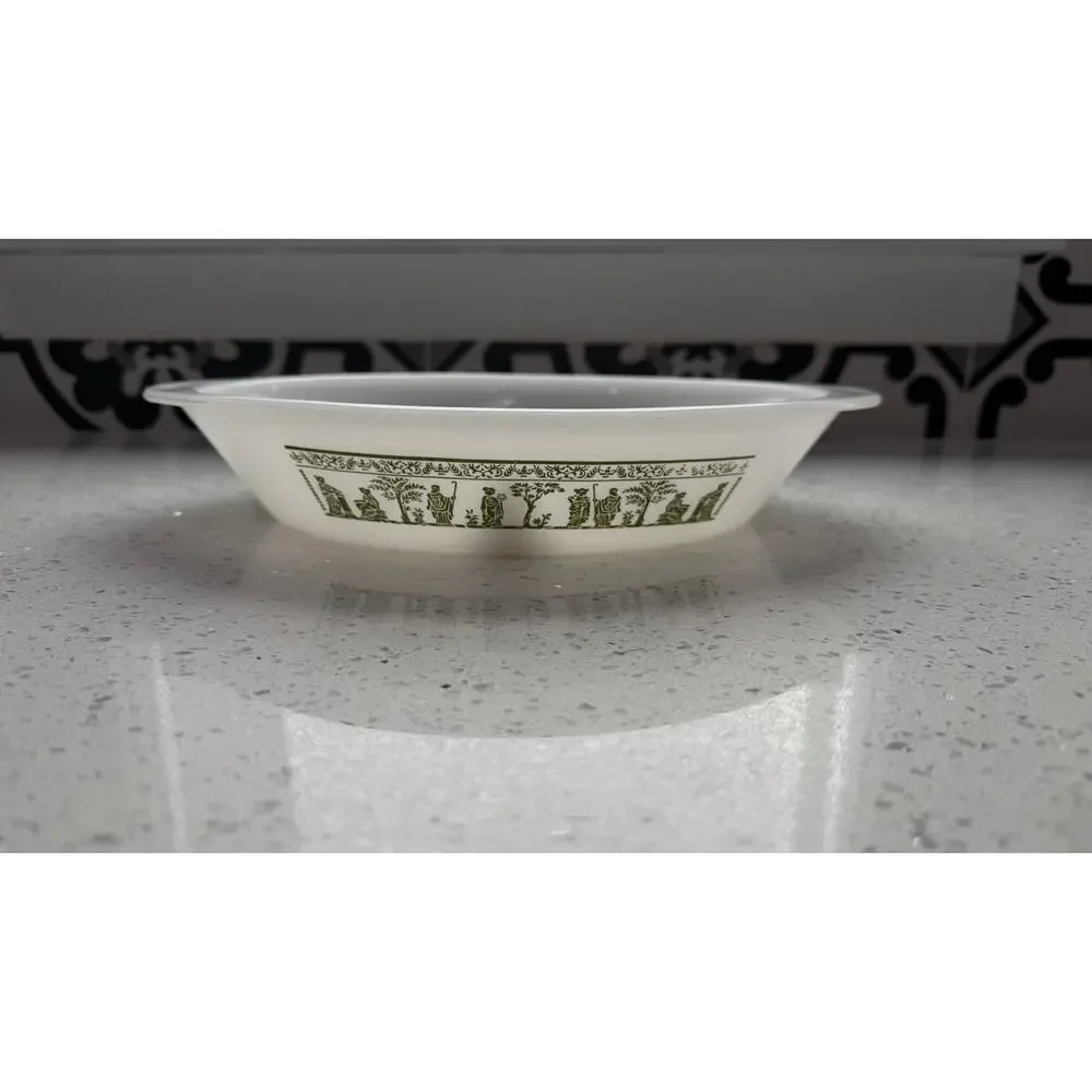 Vintage Milk Glass Casserole Dish with Grecian Pattern by Glasbake